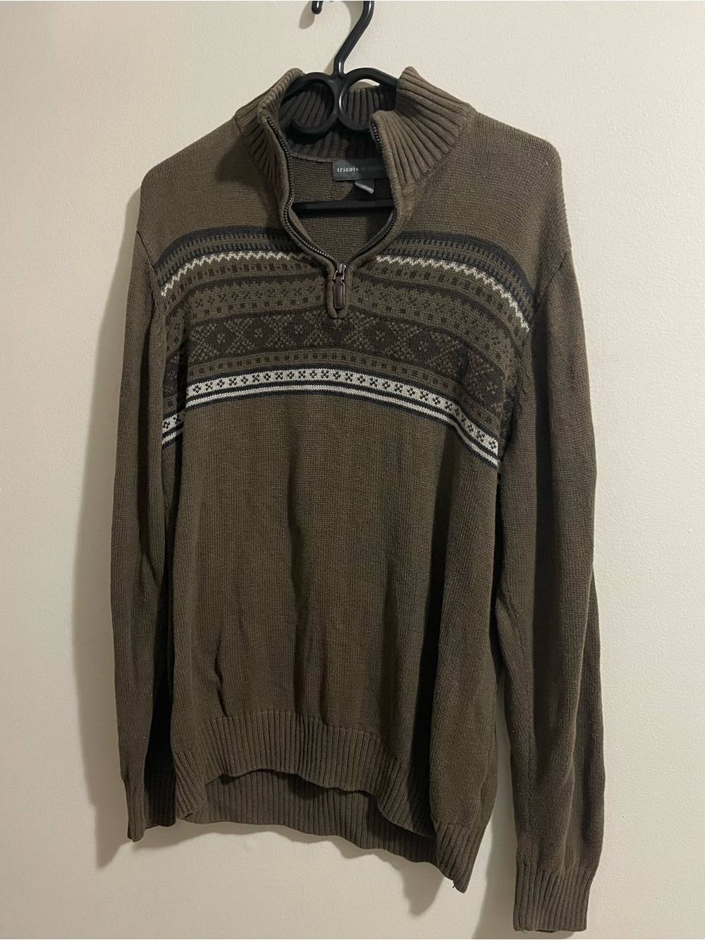 Tricots St. Raphael Men's Quarter-Zip Fair Isle Knit Sweater - Brown - Medium